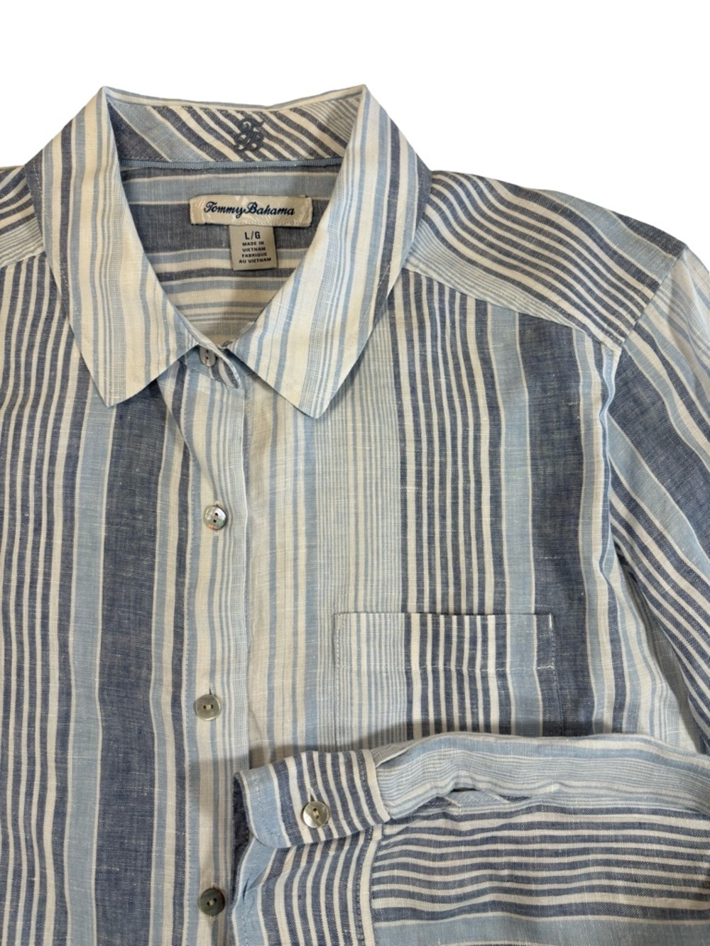Tommy Bahama Women’s L Blue White Striped Breezy Bay Relaxed Linen Button-Down